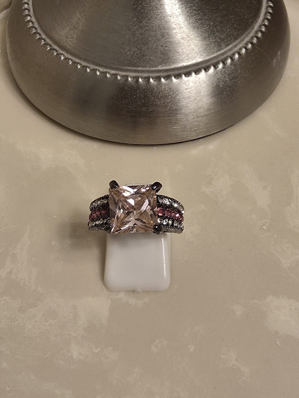Gunmetal CZ and Pink Sapphire Ring Size 6